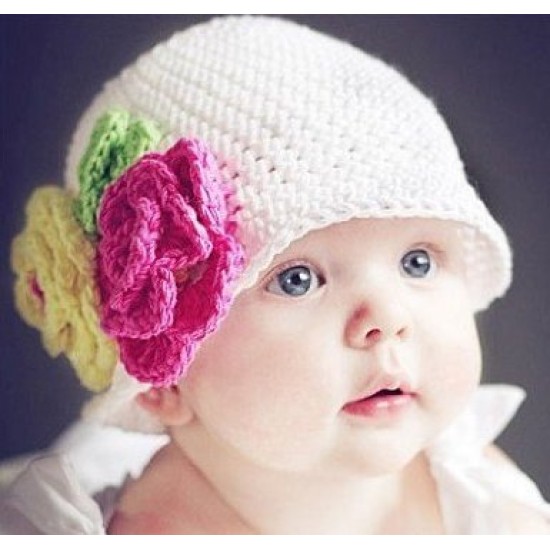 Touca Chapéu de Crochê Branca com Flores Bebês