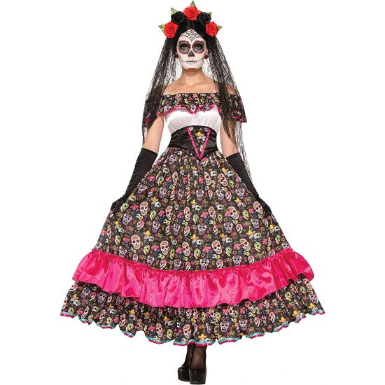 Fantasia Caveira Mexicana Adulto Luxo Vestido Luxo