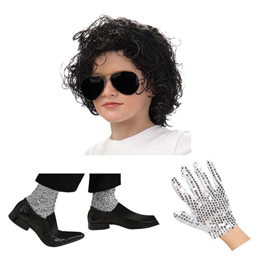 Kit Michael Jackson com Luva e meias de Lantejoulas Prateadas e Peruca
