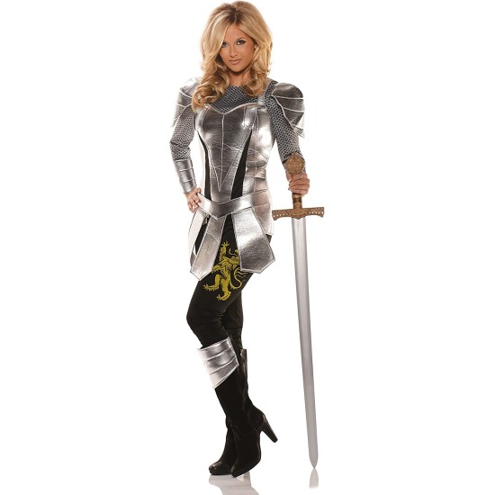 Fantasia Cavaleiro Armadura Prata Luxo Feminino Luxo